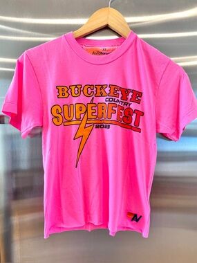 NWT Aviator Nation Buckeye Festival 2025 Boyfriend Cropped Tee Shirt - Neon Pink